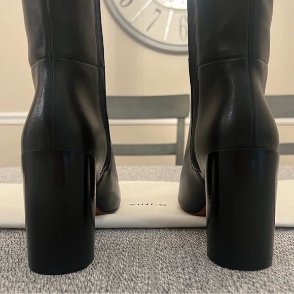 Vince Pilar Black Leather Knee Tall Boot Zip Block Stacked Heel 5.5M 35.5M - Picture 8 of 10